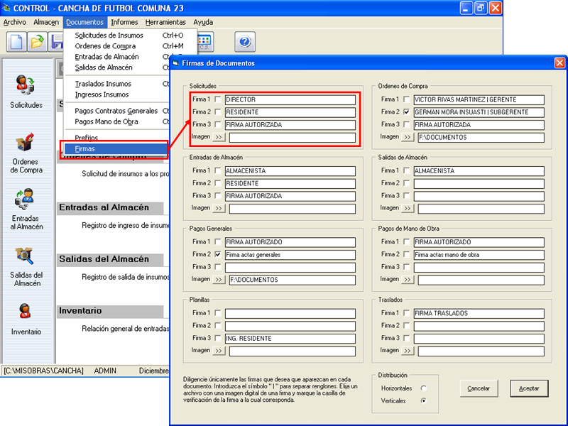 Configuración de firmas en cada documento incluyendo firma digital